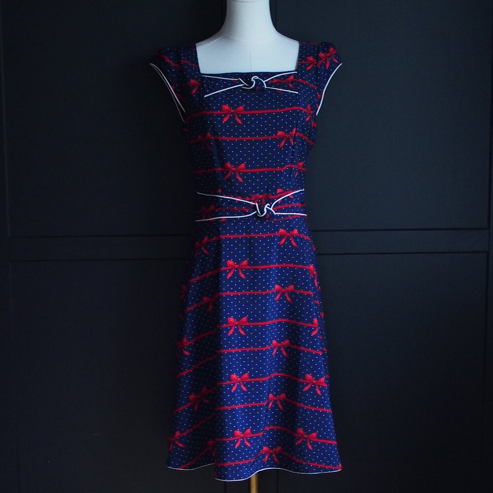 Trollied Dolly | Vintage Navy Dress with Polka Dots & Red Bows